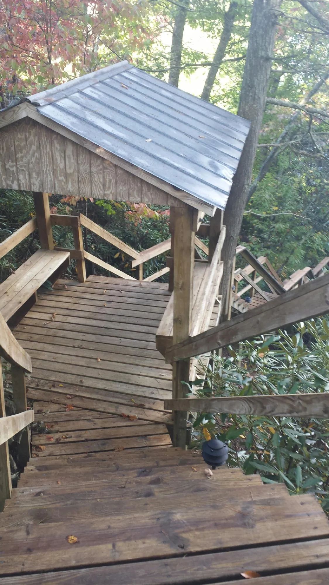 Metal roofed shelter over wooden steps on a wooded walkway — Skylight Repair & Installation work by our crew in Colville